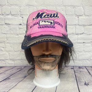 Maui Aloha State Distressed Hat Cap Strap Back Black Pink Embroidered Hawaiian